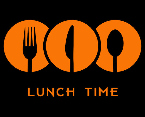 Bild mit Schrift: "Lunch time" und Abbildung von Gabel, Messer und Löffel.