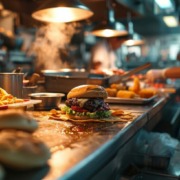 In der Küche wird sorgfältig ein Hamburger zubereitet, wobei der Fokus auf die Auswirkungen von verarbeiteten Lebensmitteln auf Fast Food liegt.