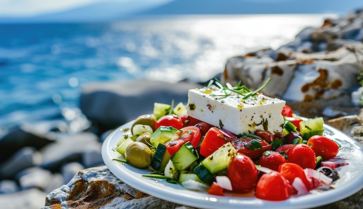 Mediterrane Ernährung: Griechischer Salat mit Meereshintergrund