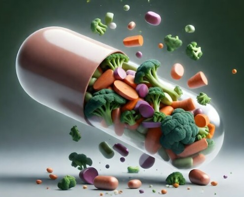 Clean Eating: Abbildung einer aufgeplatzten Kapsel mit Gemüseinhalt und Pillen.