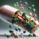 Clean Eating: Abbildung einer aufgeplatzten Kapsel mit Gemüseinhalt und Pillen.