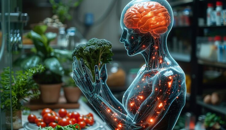 Ein futuristisches Bild eines transparenten menschlichen Körpers mit leuchtendem Gehirn, der einen Brokkoli in einer Hand hält. Im Hintergrund sind frische Tomaten und grüne Pflanzen zu sehen, die eine gesunde, natürliche Umgebung darstellen. Dieses Bild symbolisiert die Verbindung zwischen gesunder Ernährung und geistiger Gesundheit in Bezug auf die Superfoods.