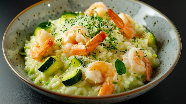 Ein cremiges Risotto, das mit saftigen Garnelen und frischer Zucchini zubereitet wurde. Die Garnelen sind perfekt gegart und leuchten in einem appetitlichen Rosa. Das Risotto ist mit feinen grünen Kräutern und frisch geriebenem Parmesan garniert.