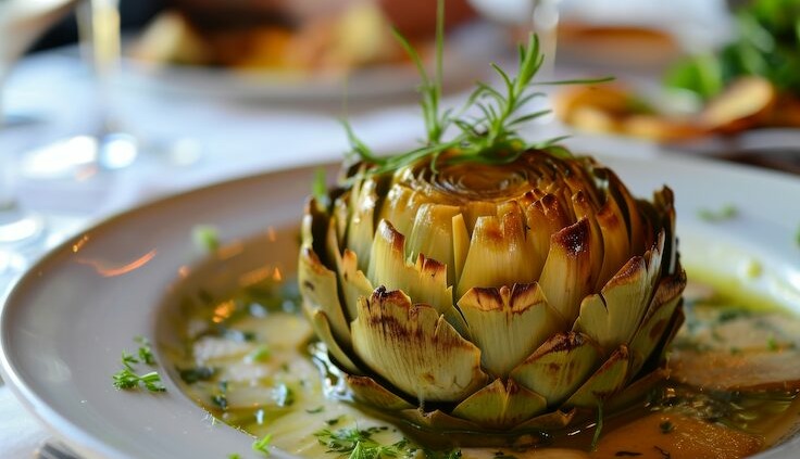 Perfekt gegarte Artischocke, liebevoll serviert mit frischer Kräuterbutter und einem Hauch Zitronensaft – ein wahres Fest für die Sinne und den Gaumen.