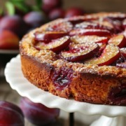 Saftiger Pflaumenkuchen mit frischen, reifen Pflaumen auf einem zarten, goldbraunen Teig, serviert auf einer eleganten Tortenplatte. Im Hintergrund sind weitere frische Pflaumen zu sehen – ein perfekter Genuss für den Herbst.