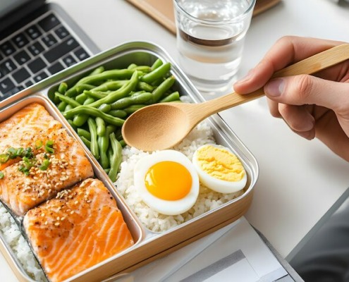 Eine gesunde Mahlzeit mit proteinreichen Lebensmitteln: Gegrillter Lachs, gekochte Eier, grüne Bohnen und Reis, perfekt für mehr Energie und Muskelaufbau.