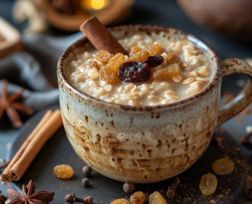 cremigen Milchreis mit Zimt, Rosinen und einer Zimtstange – perfekt für kalte Tage!