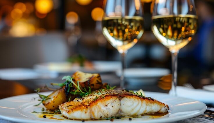 Food-Pairing: Ein Teller mit perfekt gebratenem Fischfilet, kombiniert mit gerösteten Kartoffeln und frischen Kräutern, harmonisch abgestimmt mit zwei Gläsern Weißwein in einer eleganten Restaurantatmosphäre.