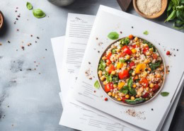 Ein frischer, bunter Salat mit Kichererbsen, Paprika, Tomaten und Kräutern, serviert in einer Schale auf einem hellen Untergrund, umgeben von Gewürzen, Basilikum und Rezeptblättern – eine gesunde und leckere Bio-Mahlzeit.
