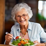 Glückliche ältere Frau mit grauen Locken und Brille, die ein gesundes Salatgericht genießt. Sie lächelt herzlich und sitzt in einer gemütlichen Umgebung, während sie eine bewusste und ausgewogene Ernährung im Alter zelebriert.