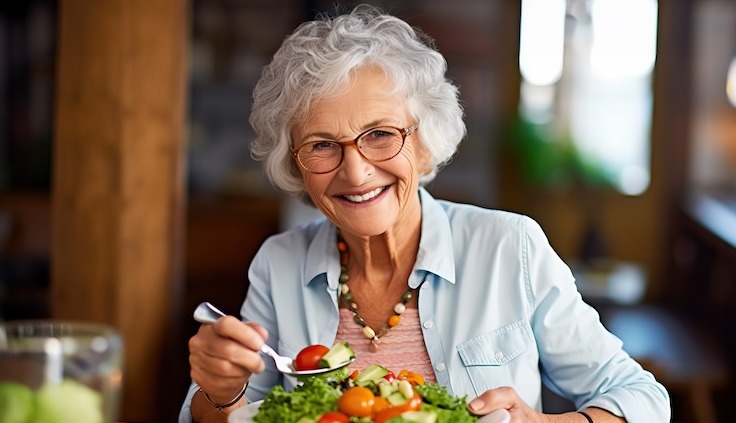 Glückliche ältere Frau mit grauen Locken und Brille, die ein gesundes Salatgericht genießt. Sie lächelt herzlich und sitzt in einer gemütlichen Umgebung, während sie eine bewusste und ausgewogene Ernährung im Alter zelebriert.