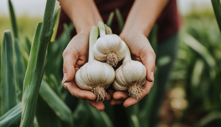 Hände halten frisch geernteten Knoblauch mit grünen Stielen in einem Garten.