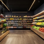 Moderne Obst- und Gemüseabteilung in einem Supermarkt mit ordentlich sortierten Regalen und frischen Lebensmitteln