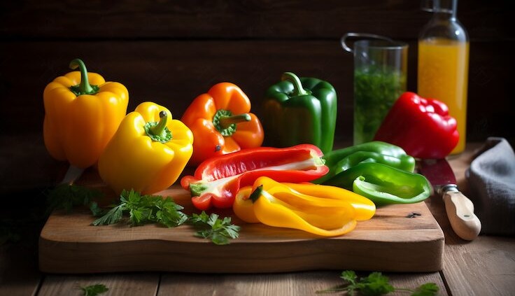 Bunte Paprikaschoten in Rot, Gelb, Orange und Grün – frisch aufgeschnitten auf einem rustikalen Holzbrett, umgeben von Kräutern und natürlichen Zutaten – ein farbenfrohes Symbol für gesunde Inhaltsstoffe, Vitamine und natürliche Frische.
