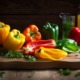 Bunte Paprikaschoten in Rot, Gelb, Orange und Grün – frisch aufgeschnitten auf einem rustikalen Holzbrett, umgeben von Kräutern und natürlichen Zutaten – ein farbenfrohes Symbol für gesunde Inhaltsstoffe, Vitamine und natürliche Frische.