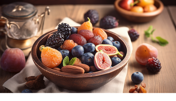 "Bunte Schale mit eisenreichem Obst wie getrockneten Aprikosen, Feigen, Datteln, Brombeeren und Heidelbeeren – liebevoll arrangiert in warmem Licht, voller Natürlichkeit, Frische und gesunder Energie.