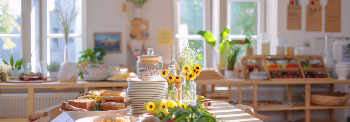 Lichtdurchfluteter Kita-Raum mit liebevoll angerichtetem Bio-Catering: frisches Obst, Gemüse und gesunde Snacks auf einem festlich gedeckten Tisch in München