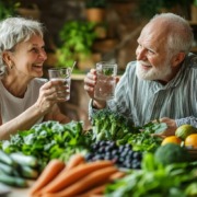 Ein älteres Paar sitzt an einem hell gedeckten Esstisch, umgeben von frischem Gemüse und Obst (z. B. Spinat, Brokkoli, Karotten, Beeren), trinkt Wasser, lächelt entspannt – sommerliche Lichtstimmung