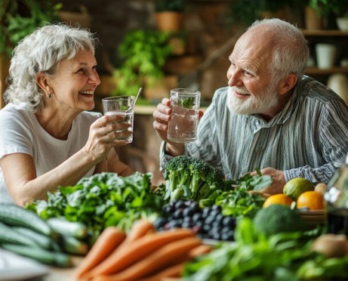 Ein älteres Paar sitzt an einem hell gedeckten Esstisch, umgeben von frischem Gemüse und Obst (z. B. Spinat, Brokkoli, Karotten, Beeren), trinkt Wasser, lächelt entspannt – sommerliche Lichtstimmung