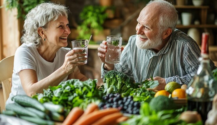 Ein älteres Paar sitzt an einem hell gedeckten Esstisch, umgeben von frischem Gemüse und Obst (z. B. Spinat, Brokkoli, Karotten, Beeren), trinkt Wasser, lächelt entspannt – sommerliche Lichtstimmung