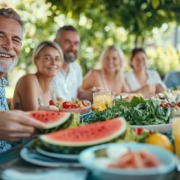 Gruppe von Menschen sitzt an einem sommerlich gedeckten Tisch im Freien und genießt leichte, erfrischende Speisen wie Wassermelone, Salat und Zitronengetränke im Schatten