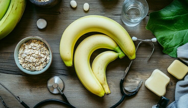 Reife Bananen mit Haferflocken, Vitamintabletten, Stethoskop und Wasserglas auf einem Holztisch – Symbolbild für gesunde Ernährung und Nährstoffe.