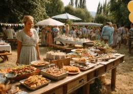 Sommerliches Geburtstagsbuffet im Freien mit köstlichen Speisen und festlich gekleideten Gästen, stimmungsvolle Gartenparty mit Catering-Service