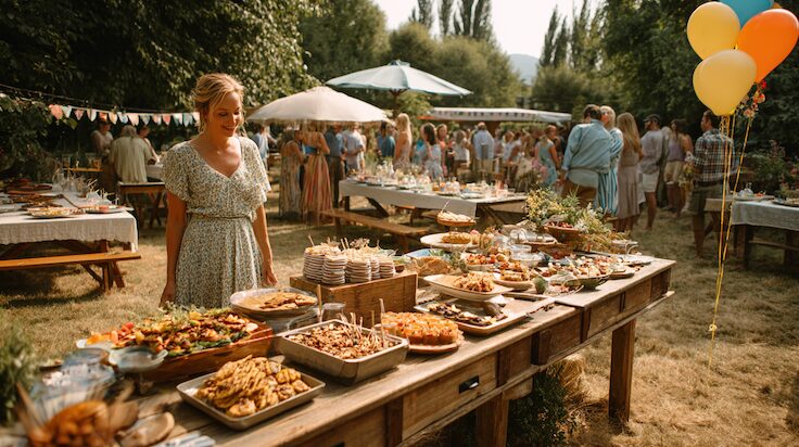 Sommerliches Geburtstagsbuffet im Freien mit köstlichen Speisen und festlich gekleideten Gästen, stimmungsvolle Gartenparty mit Catering-Service