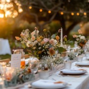 Festlich gedeckter Hochzeitstisch im blühenden Garten mit weißen Tischdecken, zarten Blumenarrangements und liebevoll angerichteten Speisen bei Sonnenuntergang