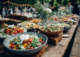 Rustikales Outdoor-Catering mit einer Auswahl an bunten Salaten in großen Schüsseln auf Holztischen, im Hintergrund Gäste in entspannter Gartenatmosphäre.