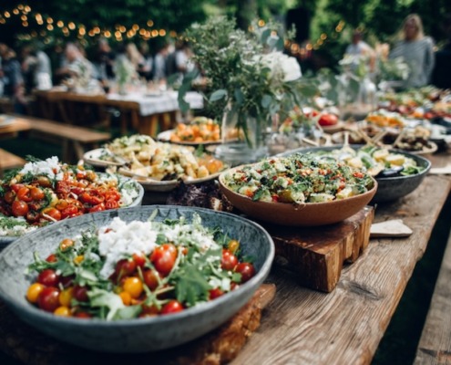 Rustikales Outdoor-Catering mit einer Auswahl an bunten Salaten in großen Schüsseln auf Holztischen, im Hintergrund Gäste in entspannter Gartenatmosphäre.