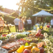 Snackideen für die Hochzeit: Bio-Catering mit regionalem Fingerfood im Garten, festliche Gäste im Hintergrund bei sommerlicher Hochzeit unter freiem Himmel.