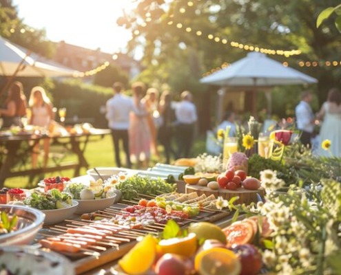 Snackideen für die Hochzeit: Bio-Catering mit regionalem Fingerfood im Garten, festliche Gäste im Hintergrund bei sommerlicher Hochzeit unter freiem Himmel.