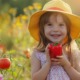 Lächelndes Mädchen mit gelbem Sonnenhut hält eine rote Paprika in der Hand, umgeben von blühenden Blumen und Tomatenpflanzen – Symbol für gesunde Ernährung und frisches Gemüse im Sommer.