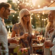 Vier junge Erwachsene genießen ein Sommerfest im Freien in München, lachen und stoßen mit Getränken an, im Hintergrund ein stilvoll dekoriertes Catering-Buffet mit Sonnenschirmen und Lichterketten bei warmem Abendlicht.