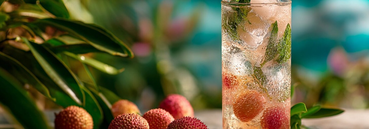 Erfrischender Sommerdrink mit frischen Litschis, Minze und Eiswürfeln – gesunder Lychee-Cocktail in tropischer Umgebung