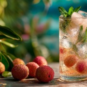 Erfrischender Sommerdrink mit frischen Litschis, Minze und Eiswürfeln – gesunder Lychee-Cocktail in tropischer Umgebung