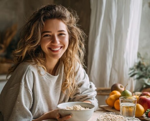 Lächelnde junge Frau sitzt am Frühstückstisch mit einer Schale Haferflocken, umgeben von frischem Obst und einem Glas Wasser – gemütliche Morgenstimmung.