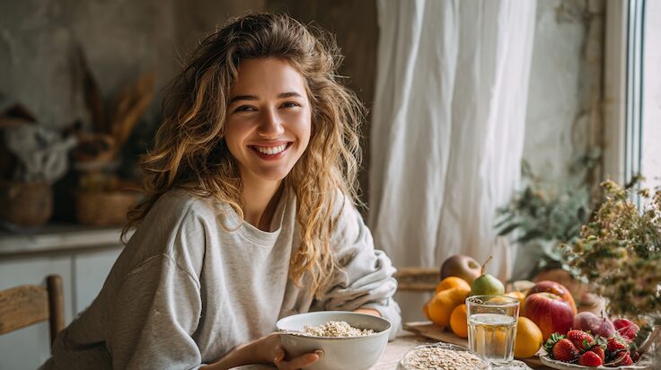Lächelnde junge Frau sitzt am Frühstückstisch mit einer Schale Haferflocken, umgeben von frischem Obst und einem Glas Wasser – gemütliche Morgenstimmung.