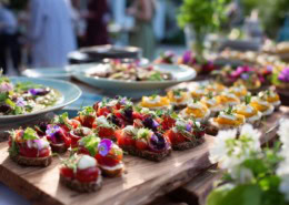 Rustikales Buffet mit gesunden, bunt angerichteten Häppchen auf Holzplatten, serviert im Freien mit Blumendeko im Hintergrund