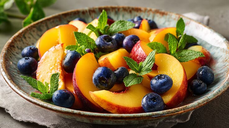 Geschnittene Nektarinen in einem Gourmet-Obstsalat mit Blaubeeren und Minzblättern, serviert auf einem eleganten Keramikteller, weiches natürliches Licht