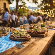 Bayerisches Buffet im Freien mit traditionellen Speisen, Brezeln und Würstchen auf Holztafeln, dekoriert mit blau-weißen Tischdecken und Lichterketten im Hintergrund.