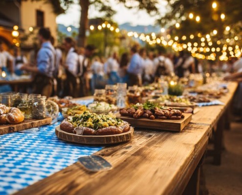 Bayerisches Buffet im Freien mit traditionellen Speisen, Brezeln und Würstchen auf Holztafeln, dekoriert mit blau-weißen Tischdecken und Lichterketten im Hintergrund.