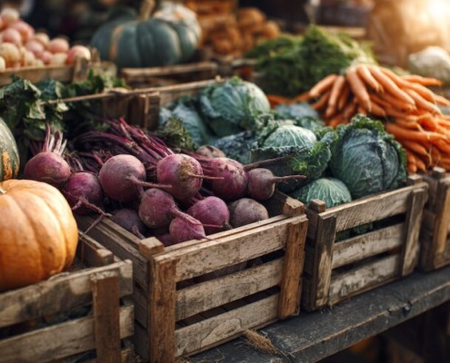 Holzkisten mit frischem Gemüse wie Rote Bete, Kohl und Karotten auf einem Marktstand