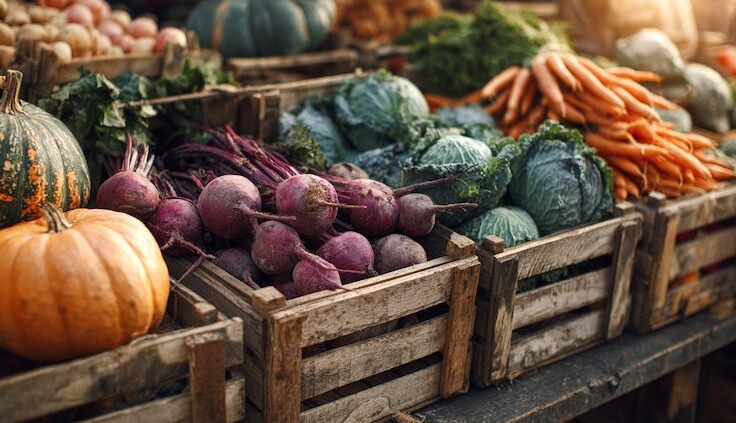 Holzkisten mit frischem Gemüse wie Rote Bete, Kohl und Karotten auf einem Marktstand