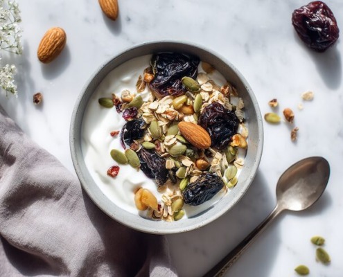 Gesunde Frühstücksszene mit einer Schale Joghurt, garniert mit Trockenpflaumen, Nüssen und Samen, modernes Flat-Lay, helles Tageslicht, saubere skandinavische Küchenoptik