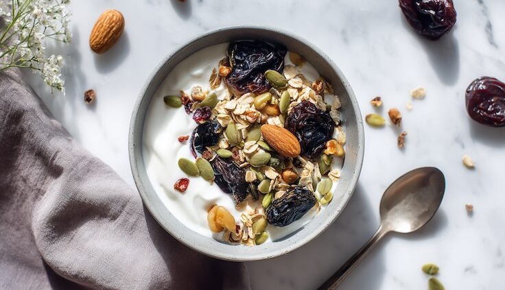 Gesunde Frühstücksszene mit einer Schale Joghurt, garniert mit Trockenpflaumen, Nüssen und Samen, modernes Flat-Lay, helles Tageslicht, saubere skandinavische Küchenoptik