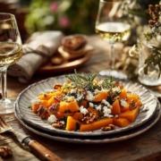 Butternut Kürbis Ein warmes Herbstgericht aus Butternut-Kürbis mit Feta und Walnüssen. Goldenes Sonnenlicht fällt auf den Tisch, die Szene leuchtet in natürlichen, warmen Farben und strahlt Ruhe, Genuss und Geborgenheit aus.