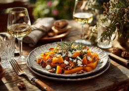 Ein warmes Herbstgericht aus Butternut-Kürbis mit Feta und Walnüssen. Goldenes Sonnenlicht fällt auf den Tisch, die Szene leuchtet in natürlichen, warmen Farben und strahlt Ruhe, Genuss und Geborgenheit aus.