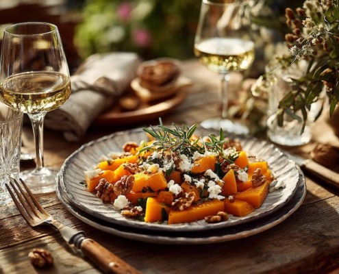 Ein warmes Herbstgericht aus Butternut-Kürbis mit Feta und Walnüssen. Goldenes Sonnenlicht fällt auf den Tisch, die Szene leuchtet in natürlichen, warmen Farben und strahlt Ruhe, Genuss und Geborgenheit aus.